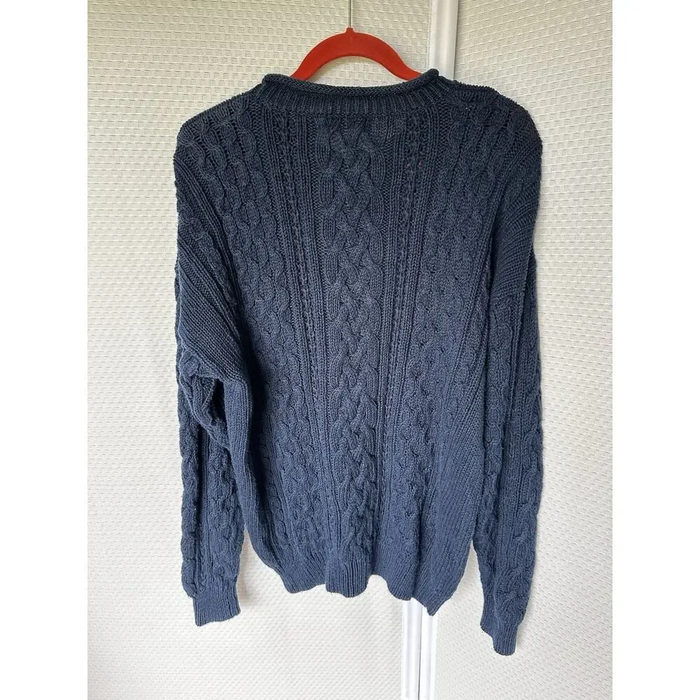 Roll Neck Unisex Ramie Cotton Navy Blue Long Sweater Large